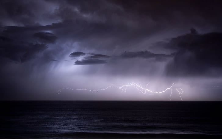 Буря Мълния Лилави облаци Океан HD, гръмотевична снимка, природа, океан, облаци, лилаво, мълния, буря, HD тапет