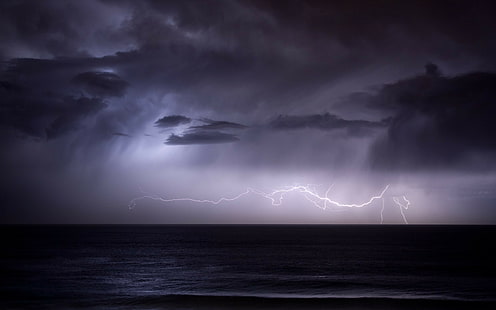 Буря Мълния Лилави облаци Океан HD, гръмотевична снимка, природа, океан, облаци, лилаво, мълния, буря, HD тапет HD wallpaper