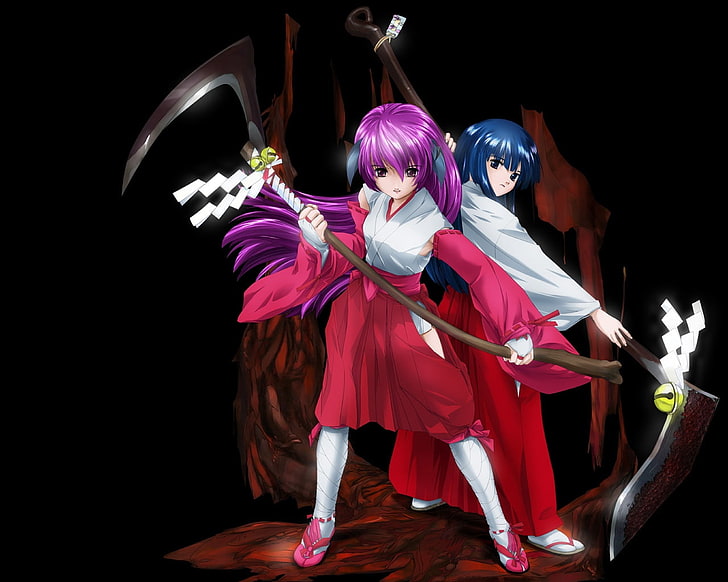 two animated women illustration, anime, girls, kimono, arms, scythe, defense, HD wallpaper