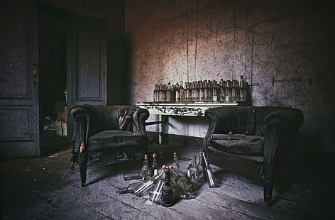 dunkel, ruine, stuhl, alt, flaschen, HD-Hintergrundbild HD wallpaper