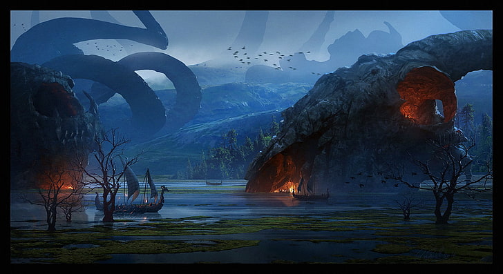 Segelschiff nahe brennendem Bootsfilm, Fantasiekunst, Illustration, Berge, Bonsai, HD-Hintergrundbild