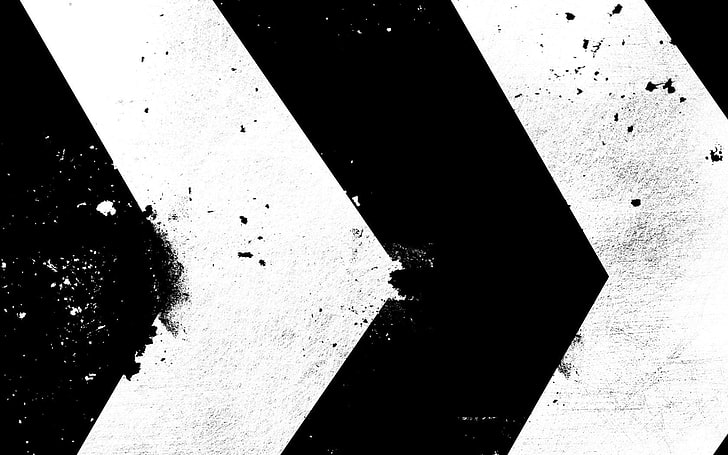 white and black arrow, abstract, monochrome, pattern, paint splatter, digital art, arrows (design), artwork, grunge, black, white, HD wallpaper