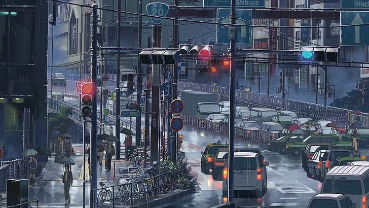 Ilustración de la ciudad de anime, anime, Makoto Shinkai, El Jardín de las Palabras, Japón, calle, tráfico, detallado, lluvia, paisaje urbano, Fondo de pantalla HD