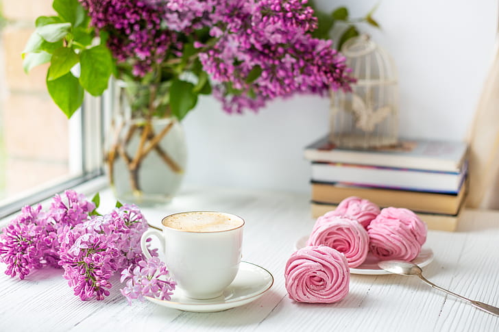 Mat, kaffe, bok, blomma, lila, rosa blomma, stilleben, HD tapet