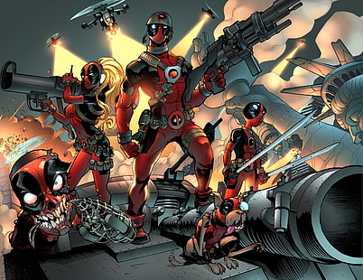 Marvel Deadpool illustration, Deadpool, Marvel Comics, Deadpool Family, Kidpool, Headpool, Dogpool, Deadpool Corps, Lady Deadpool, HD tapet HD wallpaper