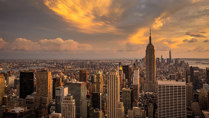 град, облаци, Ню Йорк, Манхатън, пейзаж, залез, HD тапет