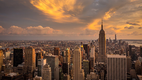 Эмпайр Стейт Билдинг, пейзаж, облака, город, Манхэттен, закат, Нью-Йорк, HD обои HD wallpaper