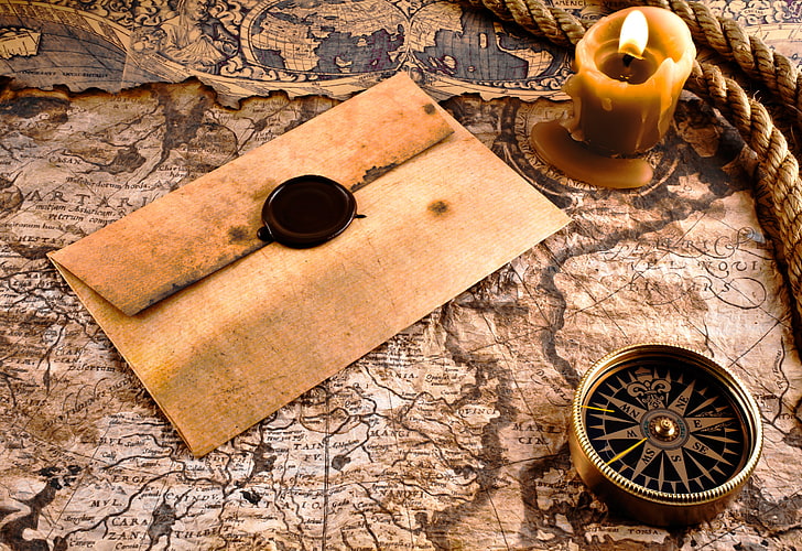 beige envelope paper, map, compass, the envelope, HD wallpaper