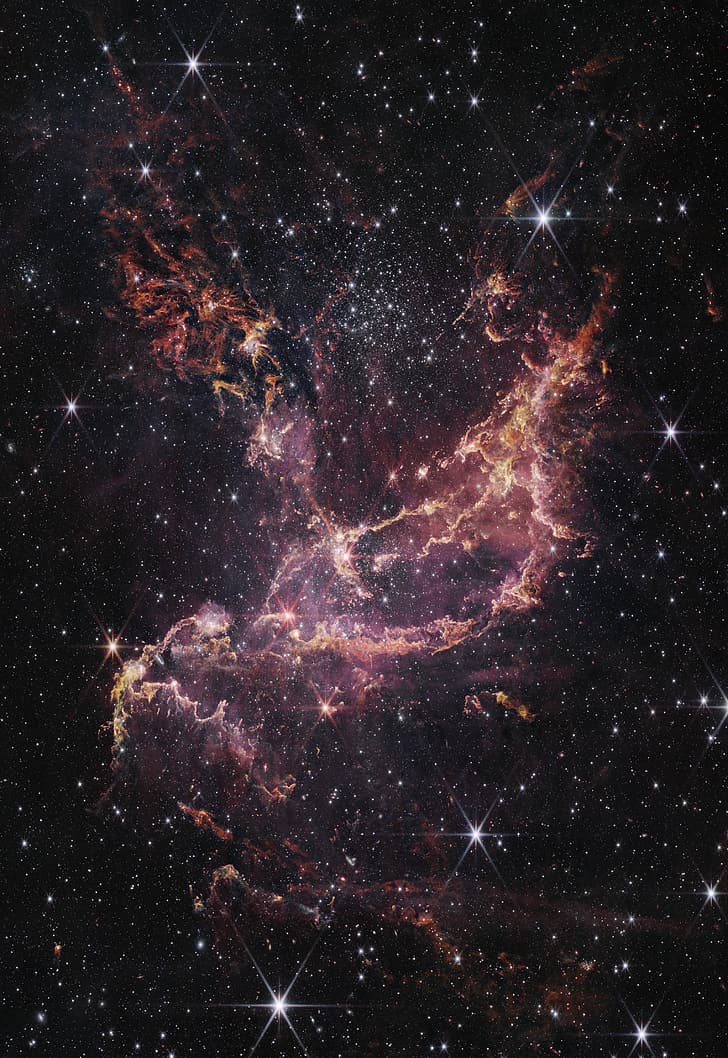 mgławica, gwiazdy, kosmiczna bitwa, Kosmiczny Teleskop Jamesa Webba, galaktyka, NGC 346, Mgławica Emisyjna, NIRCam, Tapety HD, tapety na telefon