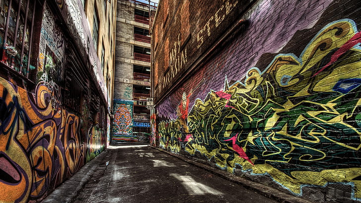 graffiti, street art, alley, lane, street, alley way, HD wallpaper
