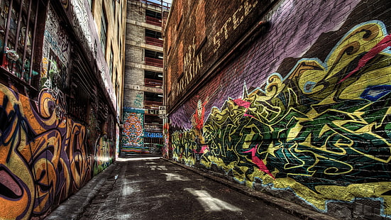 graffiti, arte callejero, callejón, carril, calle, callejón, Fondo de pantalla HD HD wallpaper