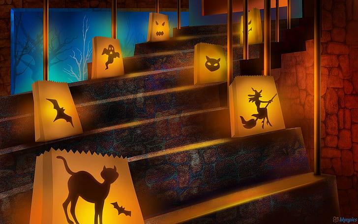 Halloween Decorated Stairs, halloween, fall, decorated stairs, autumn, nature and landscapes, HD wallpaper