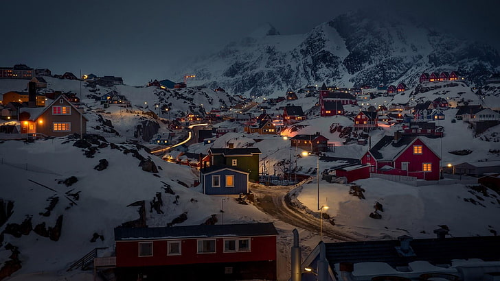 night, greenland, sisimiut, city, freezing, snow, house, red houses, red house, evening, mountain, town, mountainous landforms, mountain range, sky, winter, HD wallpaper