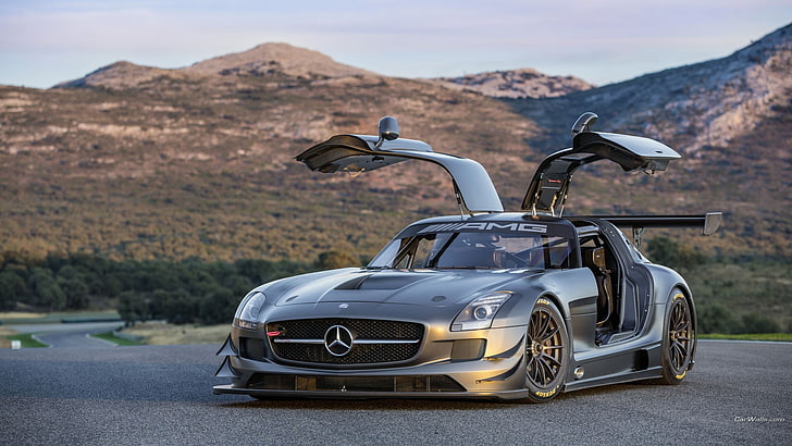 szary luksusowy samochód Mercedes-Benz, Mercedes SLS, auta niemieckie, auta wyścigowe, Mercedes-AMG, coupe, auto, Tapety HD