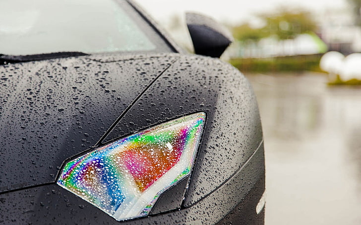 coche negro, coche, Lamborghini, arcoiris, gotas de agua, Fondo de pantalla HD