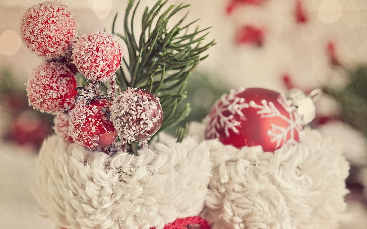 새해, 눈, 크리스마스 장식품, 딸기, HD 배경 화면