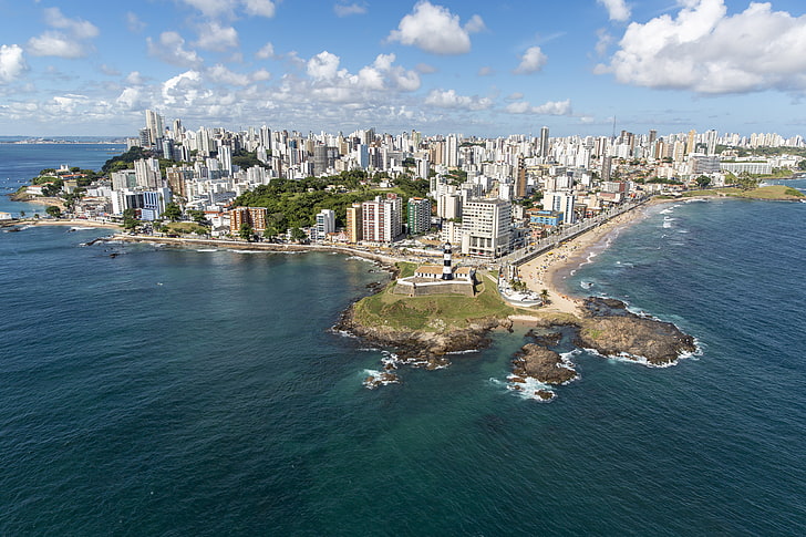 градски сгради, море, плаж, Бразилия, Салвадор, Баия, Баха, Фара на Бара, Фара на Бара, Фарол да Бара, HD тапет