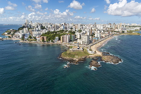 Stadtgebäude, Meer, Strand, Brasilien, Salvador, Bahia, Baja, Barra-Leuchtturm, Barras Leuchtturm, Farol da Barra, HD-Hintergrundbild HD wallpaper