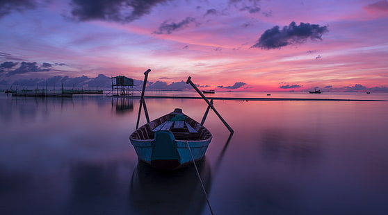 Boat at Sunrise, brown and white boat, Asia, Vietnam, Sunrise, Ocean, Blue, Orange, Travel, Beach, Nature, Colorful, Landscape, Summer, Yellow, Color, Sunset, Light, Morning, Scene, Dawn, Island, Cloud, Wave, Water, Tropical, Silhouette, Sand, Boat, Holiday, Season, Reflection, Weather, Evening, Vacation, tourism, phu quoc, quoc, beautiful landscape, landscapes beautiful, sunset landscape, sunset background, HD wallpaper HD wallpaper