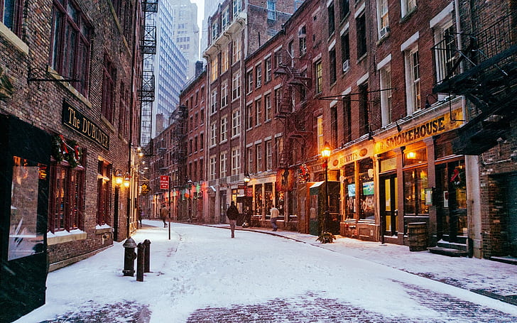 Нью-Йорк, Манхэттен, США, ночь города, зима, огни, Нью-Йорк, город, Манхэттен, США, ночь, зима, огни, HD обои