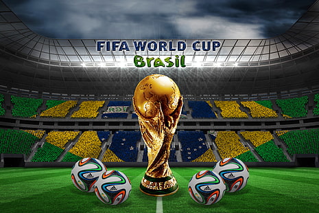 футбол, топки, Бразилия, стадион, флаг, топка, Световно първенство, Бразилия, FIFA, 2014, brazuca, златен трофей, HD тапет HD wallpaper