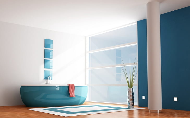 Perabot Kamar Mandi Modern, wastafel keramik biru, bathtub, shower, desain, rumah, Wallpaper HD