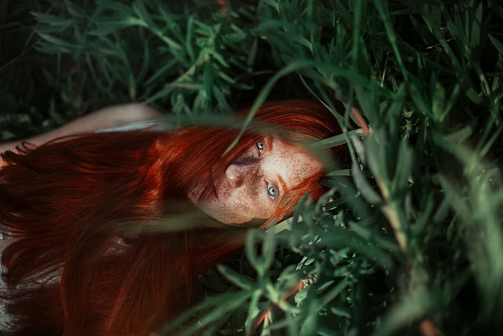 grass, girl, face, mood, freckles, red, redhead, long hair, Ronny Garcia, freckled, Alison Sobarzo After Seeing Ormeno, HD wallpaper