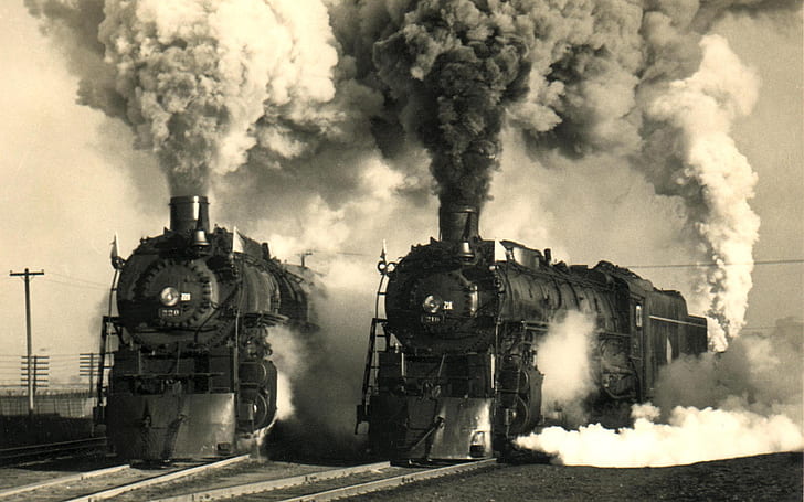 locomotiva a vapor, trem, monocromático, fotos antigas, transporte, fumaça, veículo, vintage, sépia, locomotiva, HD papel de parede