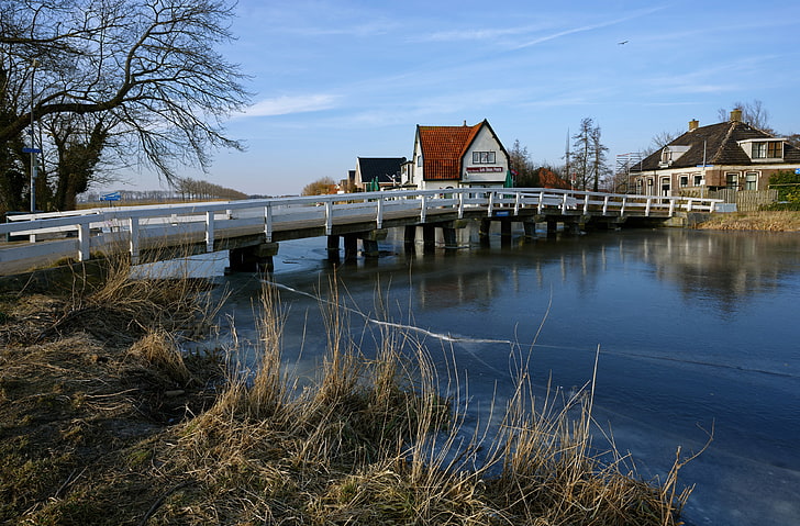 мостове, градове, къщи, Нидерландия, oudendijk, снимка, реки, HD тапет