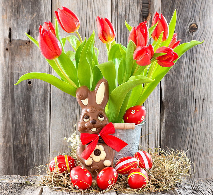 huevos, pascua, tulipanes, rojo, flores, conejito, Fondo de pantalla HD