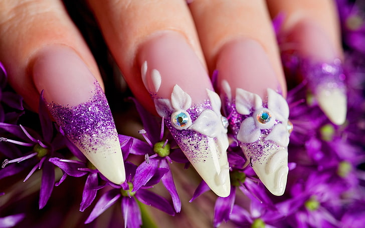 Purple, flower, hand, nails, pink, HD wallpaper