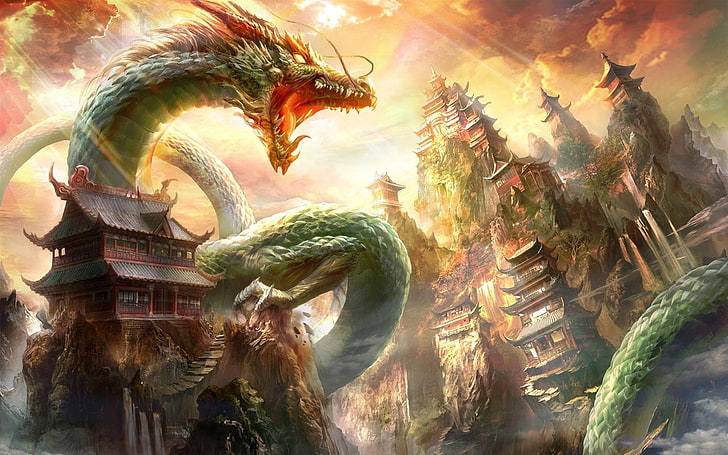 змей и храм на горе цифровые обои, фэнтези арт, дракон, китайская архитектура, китайский дракон, HD обои
