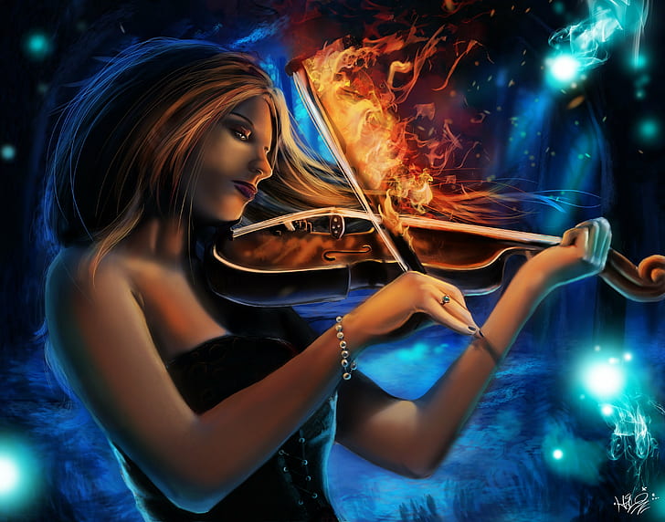 Burning, fantasy, fire, Girls, Lullaby, Magic, music, Violin, HD wallpaper