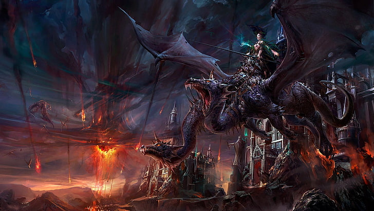 женщина верхом на двуглавом драконе цифровые обои, фэнтези арт, дракон, HD обои