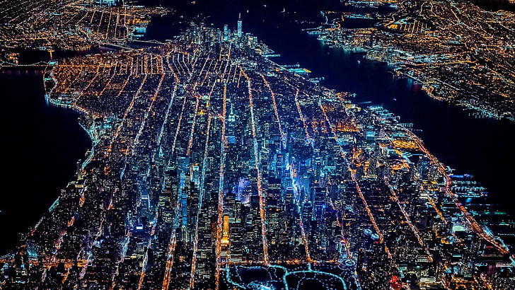 cyfrowa tapeta pejzażowa, zdjęcia lotnicze świateł miasta, pejzaż miejski, latarnia uliczna, Manhattan, Nowy Jork, noc, widok orła, Tapety HD