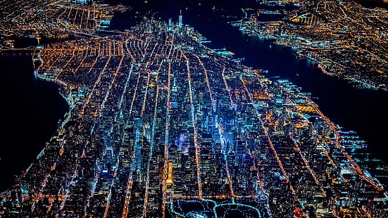 градски пейзаж цифрови тапети, въздушна фотография на градска светлина, градски пейзаж, улично осветление, Манхатън, Ню Йорк, нощ, орел изглед, HD тапет HD wallpaper