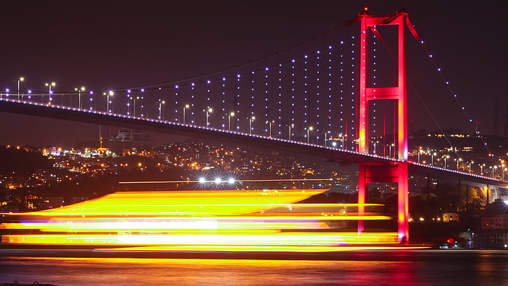 ponte sul Bosforo, Turchia, lunga esposizione, ponte, 30 secondi, otturatore, tempo di posa, ponte dei martiri del 15 luglio, Sfondo HD