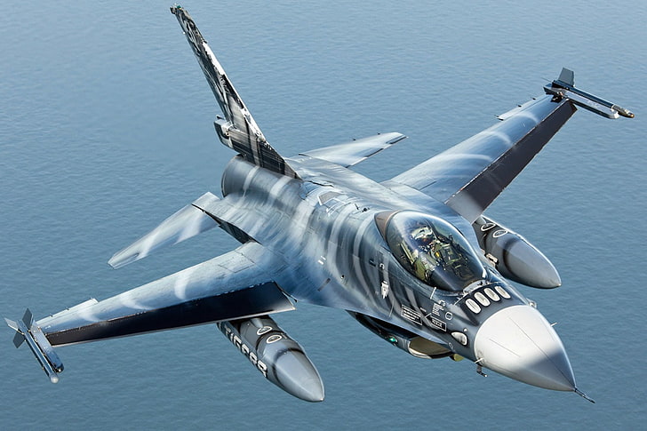 сив и черен боен самолет, 2010, General Dynamics (SABCA) F-16AM Fighting Falcon (401), В полет над Холандия, октомври, HD тапет