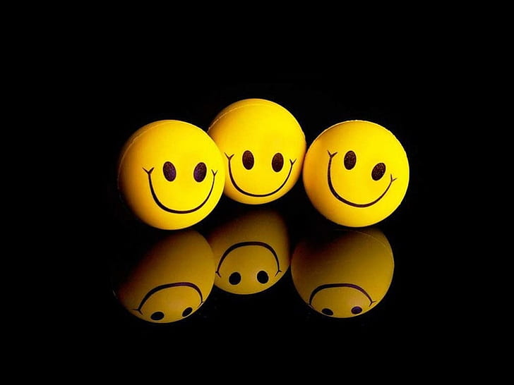 Tre sorrisi felici, tre palline emoji sorridenti, smiley, felicità, felice, 3d e astratto, Sfondo HD