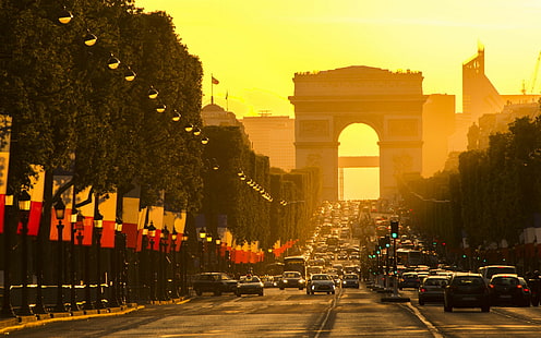 fotografi, perkotaan, kota, lanskap kota, bangunan, Paris, Champs-Élysées, Arc de Triomphe, jalan, arsitektur, Wallpaper HD HD wallpaper