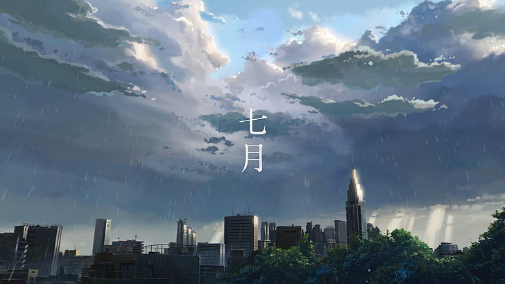 El jardín de las palabras, anime, obras de arte, paisaje urbano, nubes, cielo, lluvia, Fondo de pantalla HD