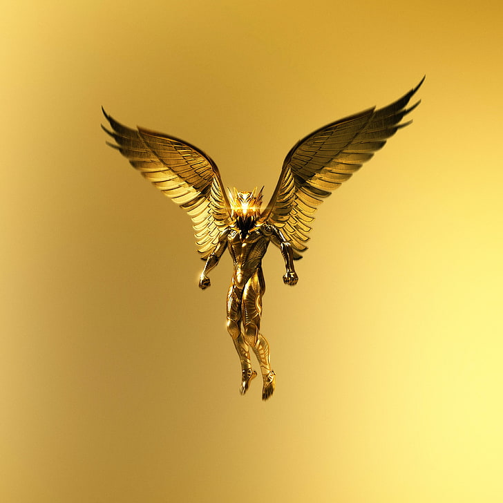 estatueta dourada do homem com asas, Os Deuses do Egito, Deuses do Egito, Todo o Céu está em guerra, HD papel de parede