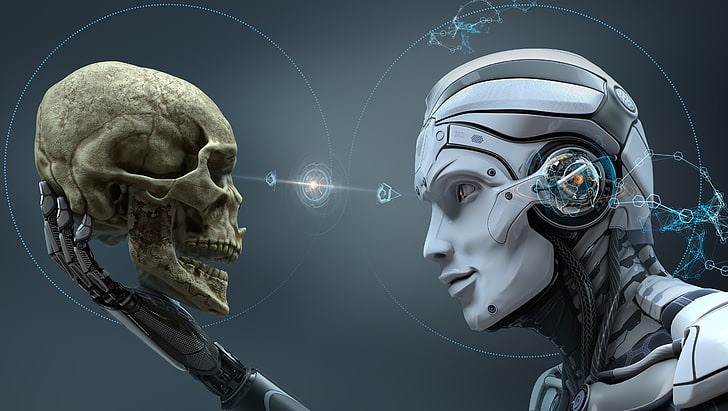 робот и череп илюстрация, дигитално изкуство, череп, машина, робот, HD тапет