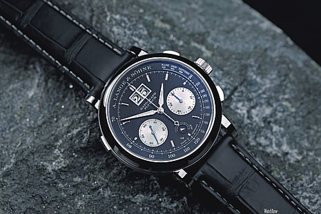 кръгъл черен хронографски часовник с черна кожена каишка, часовник, луксозни часовници, A. Lange & Söhne, HD тапет HD wallpaper