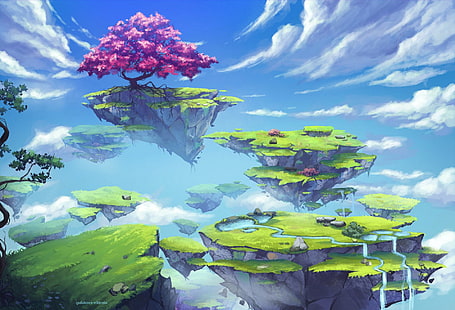 Fantasie, Landschaft, schwimmende Insel, Himmel, Baum, Wasserfall, HD-Hintergrundbild HD wallpaper