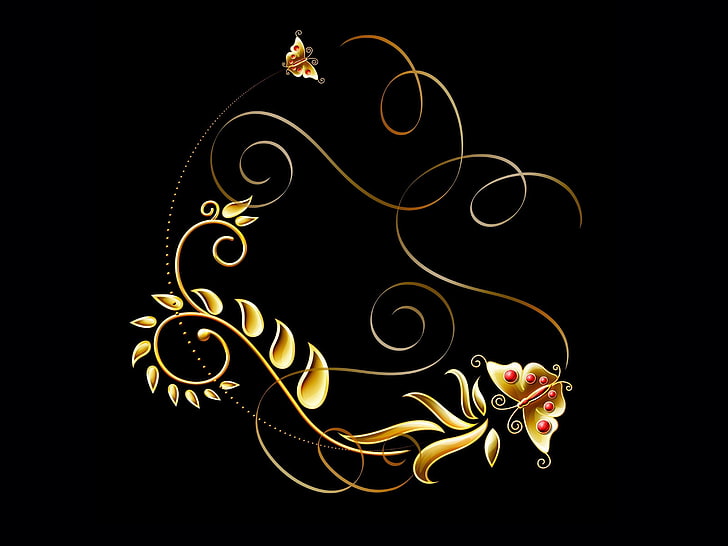 gold graphic design frame, patterns, butterfly, black background, golden, HD wallpaper
