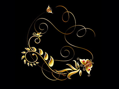 gold graphic design frame, patterns, butterfly, black background, golden, HD wallpaper HD wallpaper