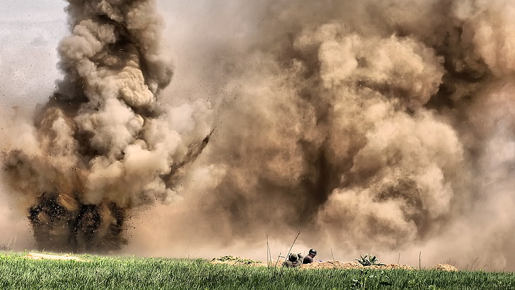 brown smoke, the explosion, dust, soldiers, action, military, HD wallpaper