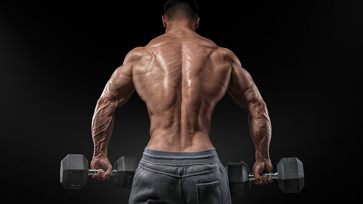 Mann mit zwei schwarzen hex Hanteln, Bodybuilding, Bewegung, Motivation, Training, Rücken, Bank stehen, Langhantel, HD-Hintergrundbild