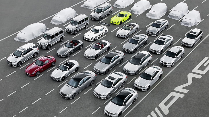белый, красный и зеленый автопарк, автомобиль, Mercedes-Benz, Mercedes-Benz S Class, Mercedes SLS, Mercedes-Benz SLS AMG, автомобиль, HD обои